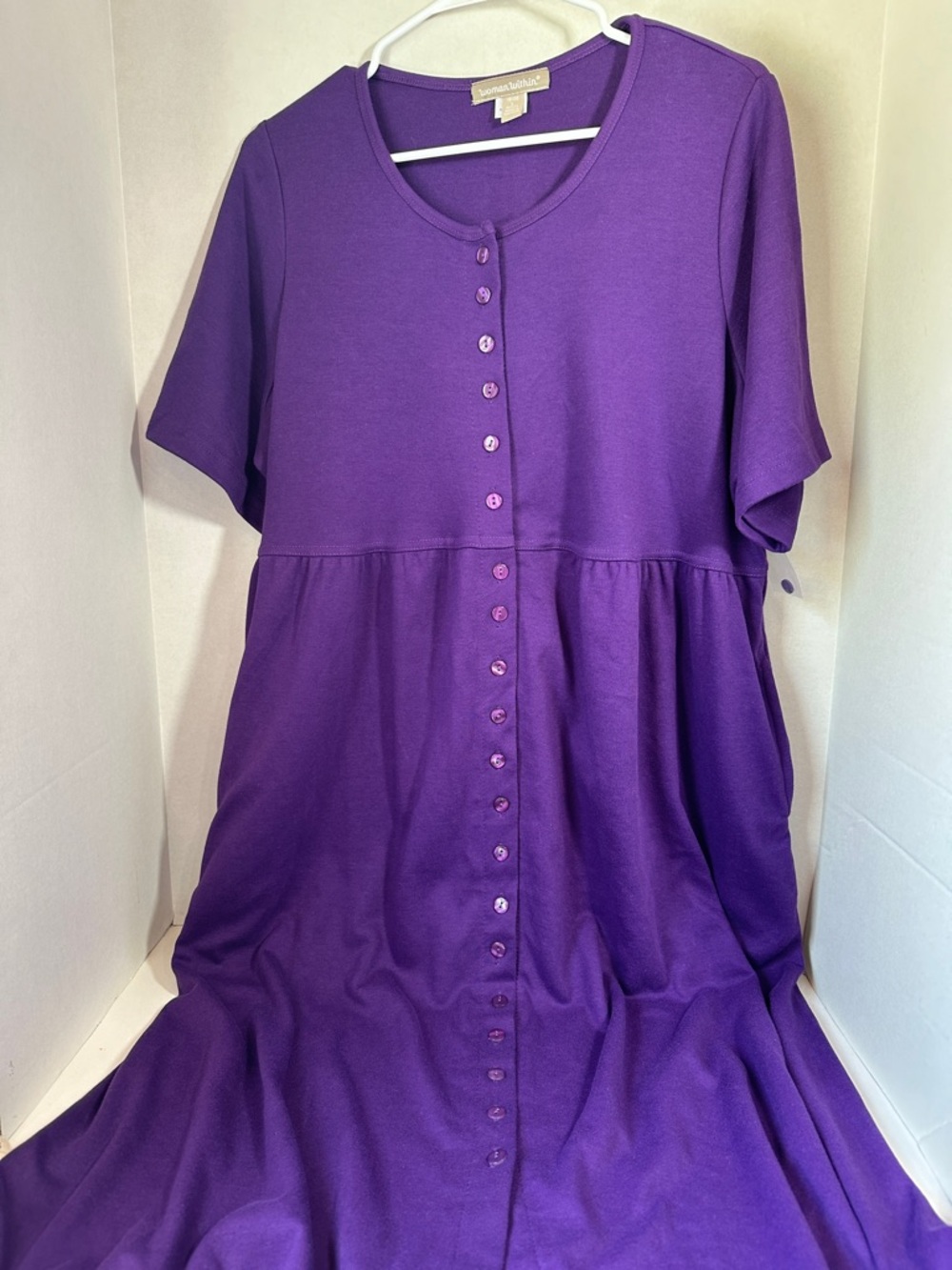 Woman within purple button up dress with pockets size large 18/20 petite